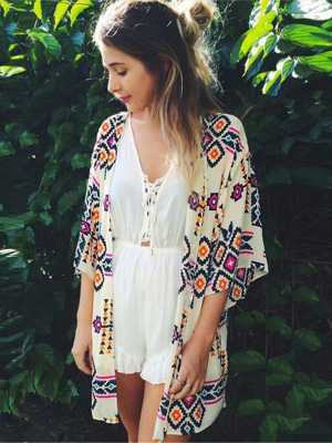 Women's Autumn Beach Sun protection Cardigan Dress Batwing Sleeves Printed Chiffon Cover Up tops