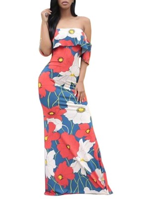 Women's Sexy Floral Print Strapless Maxi Dress Cassual Beachwear Dress