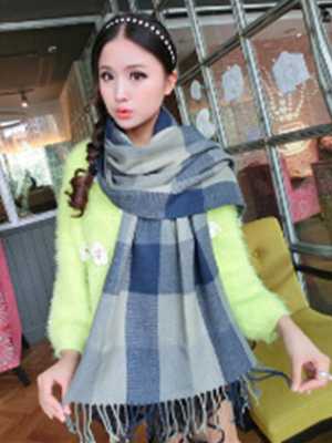 Korean Autumn Winter Ultralong Wool Spinning Blue And Grey Grid Scarf Unisex Warm Scarves Shawl