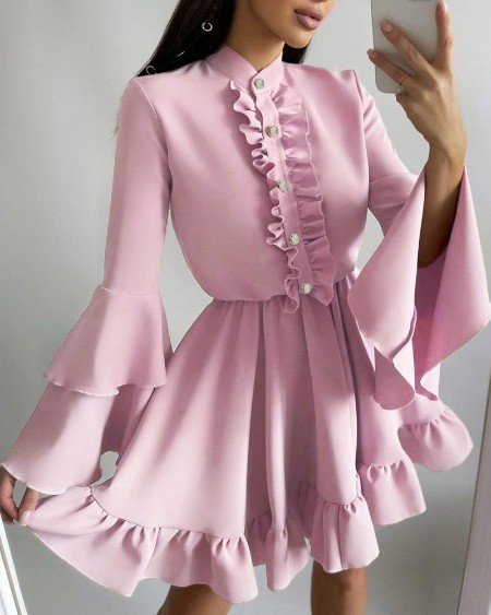 Buttoned Layered Ruffles Frill Hem Ruched Dress
