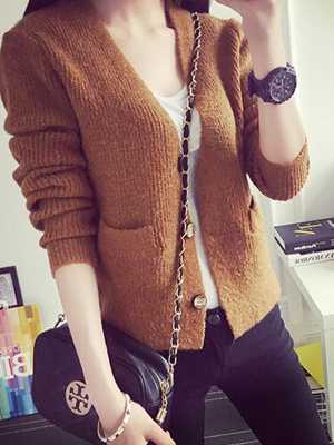 Autumn New Fashion Retro Deep V-neck Pockets Long Sleeve Warm Knitted Sweater Women's Loose Short Slim Sweater Cardigan Tops