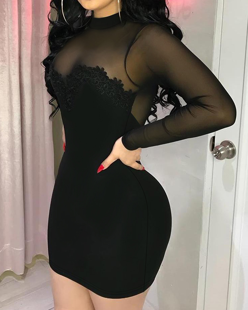 Mock Neck Sheer Mesh Spliced Floral Embroidery Bodycon Dress Zipper Back Party Dress