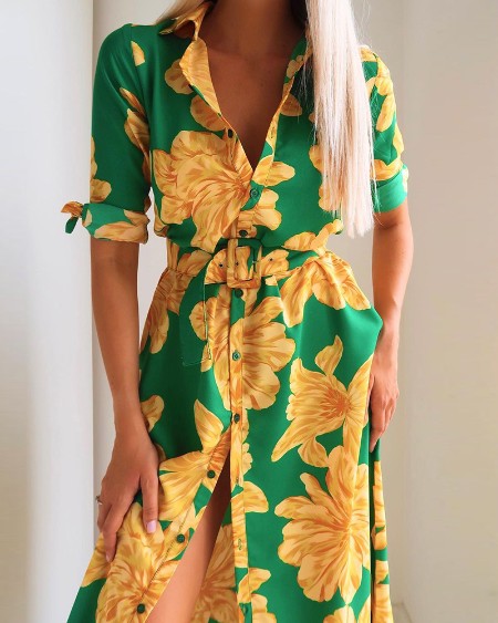 Floral Print Button Design Shirt Dress With Belt