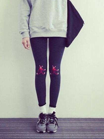 Autumn Fashion Embroidery Bear Elasticity Slim Fit Pencil Pants Trousers Leggings