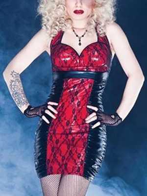 Black/Red Gothic Punk Wetlook Halter Mini Slim Fit Little Dress Clubwear Gogo Dance