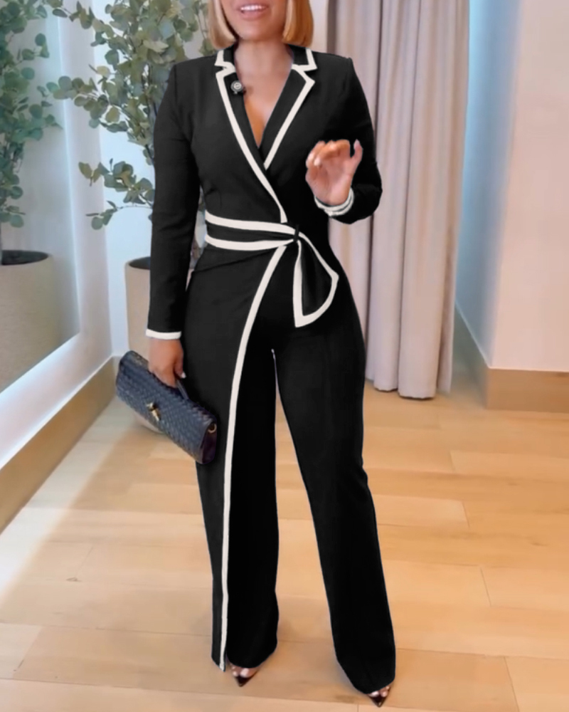 Contrast Paneled Notched Collar Padded shoulders Work Jumpsuit Casual Wrap Front Jumpsuit