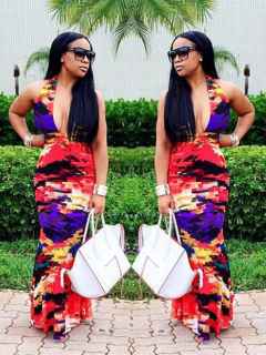 Women's Vintage Oversize Deep V Bohomian Style Sleeveless Flower Print Long Maxi Dress