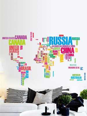 Colorful Letters World Map Wall Stickers Living Room Home Decorations Creative PVC Decal Mural Art DIY Office Wall Art
