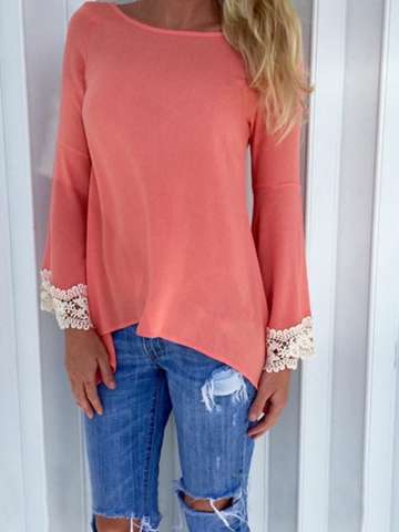 Women Sexy Semi Sheer Mandarin Sleeve Embroidery Floral Lace Splicing Sleeve Crochet Tees & T-Shirts Tops Blouse S/M/L/XL