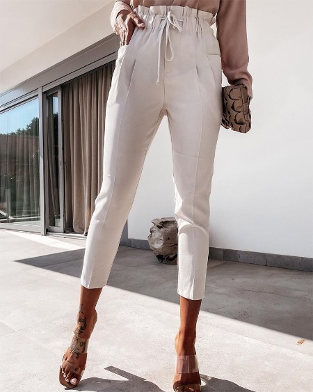 Drawstring Paper Bag Waist Pocket Detail Pencil Pants