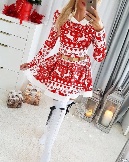 Christmas Print Long Sleeve Colorblock Hoodie Mini Dress Casual Flared Dress