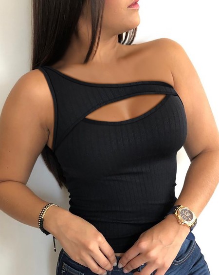 One Shoulder Cutout Ribbed Zipper Design Top