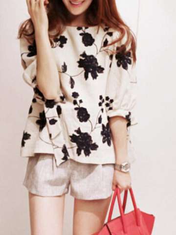 Women Fashion Top Casual O-neck Half-sleeved Lace Blouses Floral Printed Loose Fit Chiffon Blouses