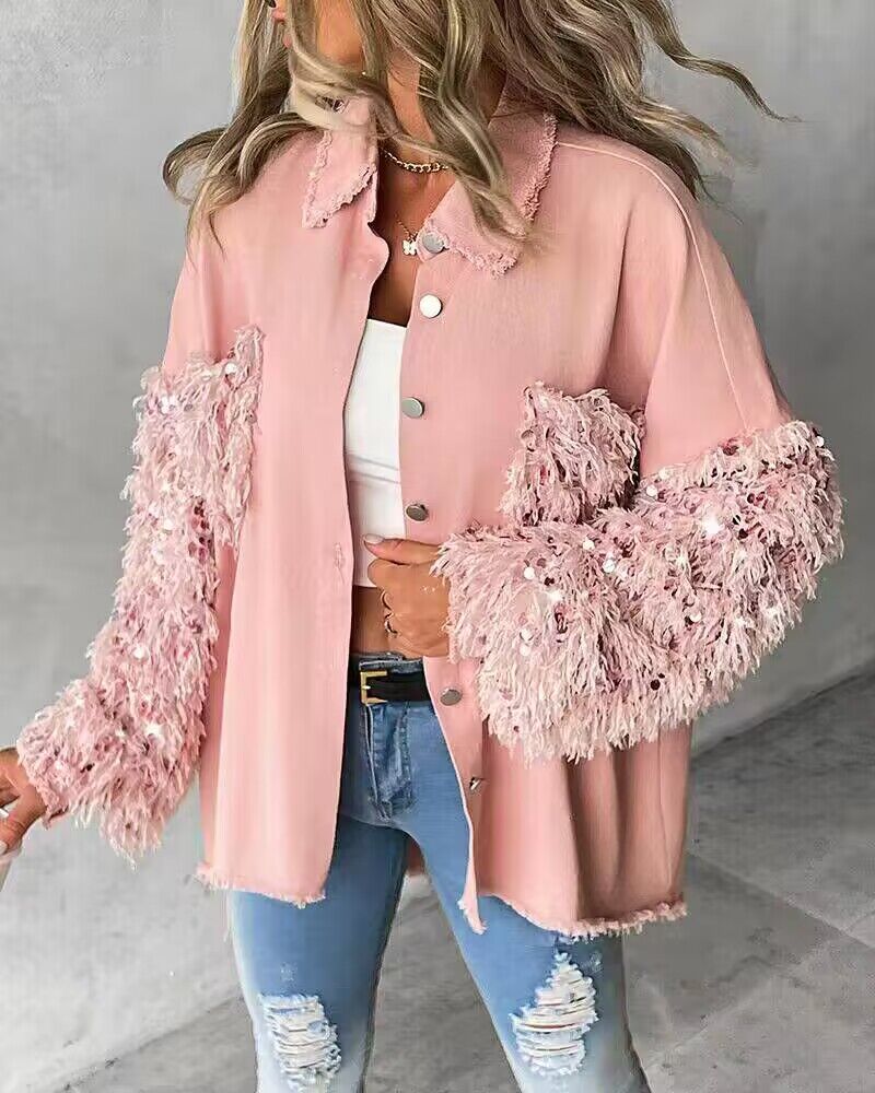Sequin Decor Turn-down Collar Button Front Pockets Design Denim Coat Casual Fuzzy Spliced Raw Trim Shacket