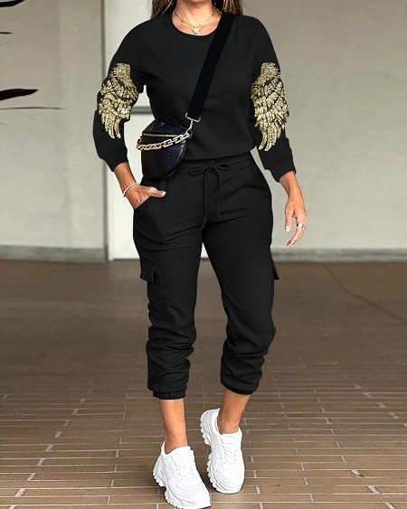 2 Piece Sequin Wings Pattern Pullover Tops Stretchy Waist Cuffed Pants Matching Outfits Tracksuits