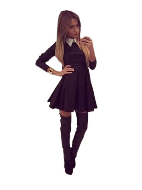 Plus Size Women's 2015 Autumn Fashion Long Sleeve Dress Ladies Casual Pleated Dress