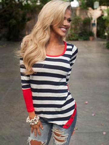 Women's New Fashion Autumn Black And White Stripe Pattern Slim Fit Cotton T Shirt Long Sleeve Tops