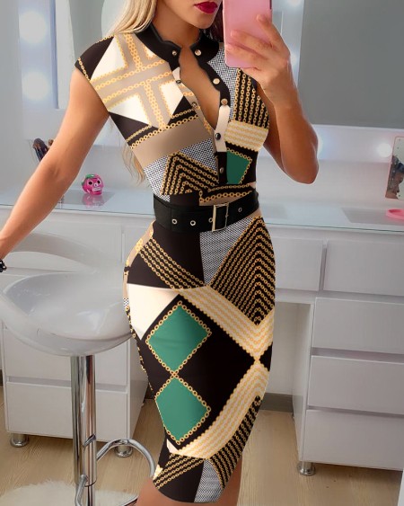 Geometric Chain Print Knit Sleeveless Button Design Skinny Dress With Belt