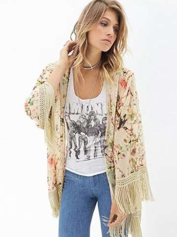 Women's Floral Print Casual Cardigans Tassels Cover-up Warm Cloaks Long Sleeve Coat Shawl