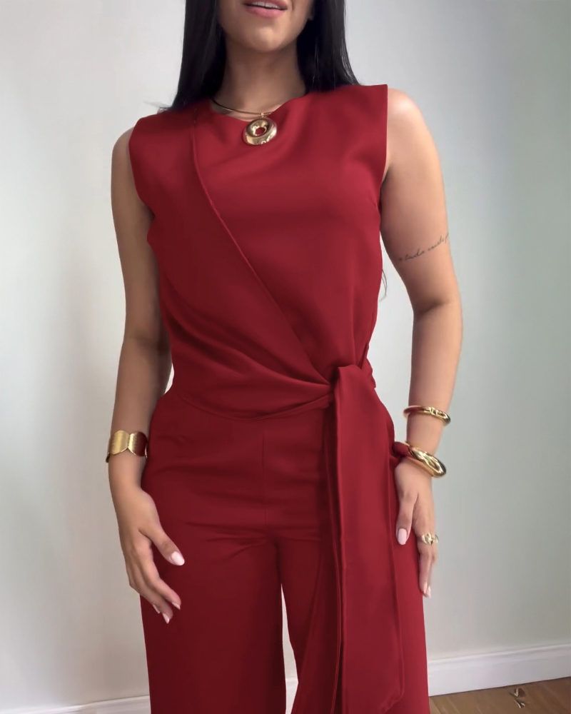 Round Neck Sleeveless Asymmetrical Tied Detail Top and Casual Elastic Waist Pants Sets