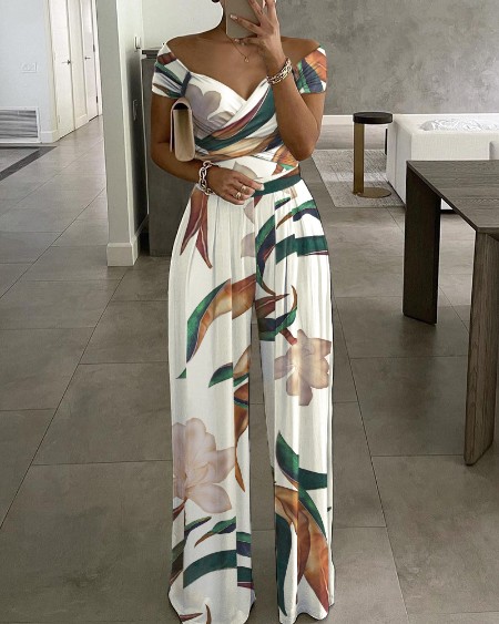 Plants Print Sweetheart Neck Sleeveless Causal Ruched Wide Leg Jumpsuit