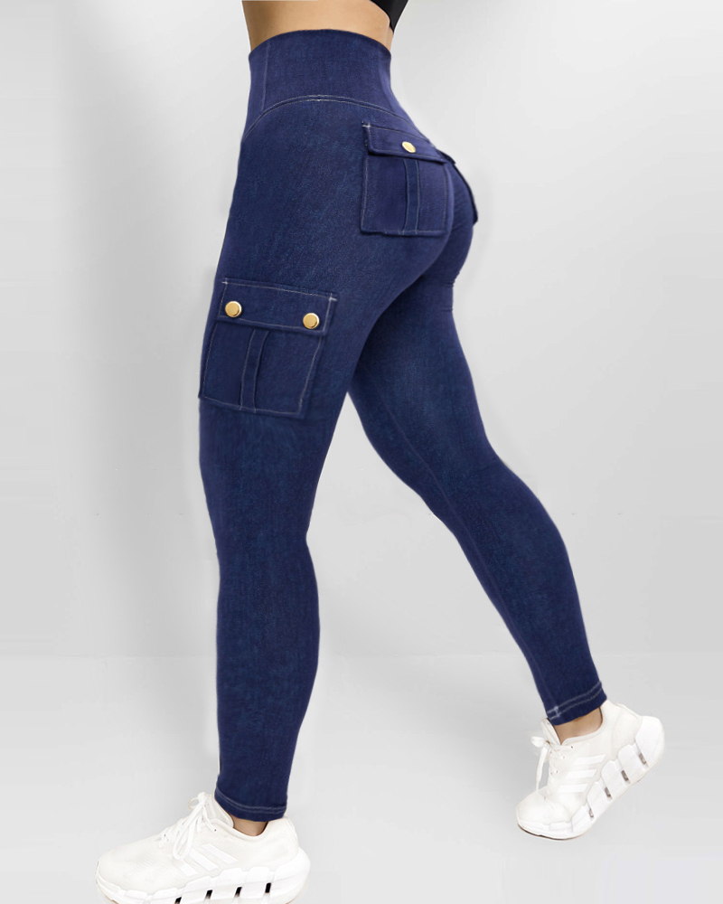 Graphic Print High Waist Leggings with Flap Pockets Tummy Control Workout Active Pants