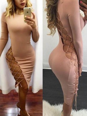 Women's Slim Fit Long Sleeve Bandage Dress Hip Package CrissCross Cut Out Bodycon Dress