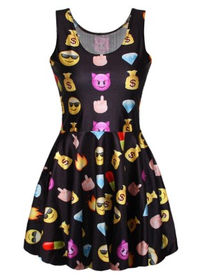 Women's Clubwear Fashion Emoji Dress Round Neck Sleeveless Pleated Casual Dresses Black