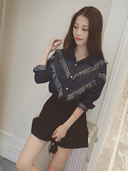 Fashion Women's V Neck Tassels Attached Denim Tops Coat Slim Fit Loose Fringed Blouse