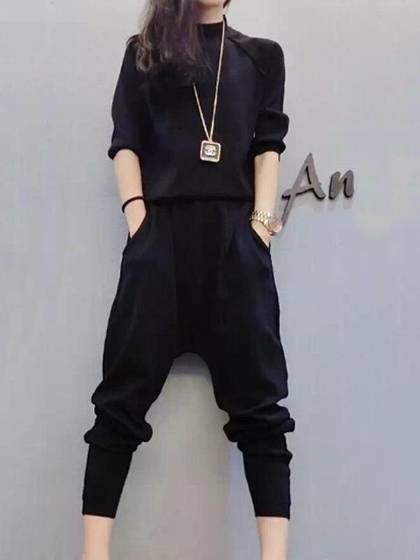 Slim Fit Casual Loose Sport Style Suit Sets 2 Pieces Cotton Three Quarter Sleeve Blouse + Haroun Pants