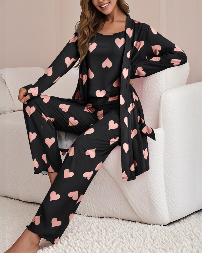 Heart Print Spaghetti Strap Tank and Ombre Cardigan and Casual Pajamas Set