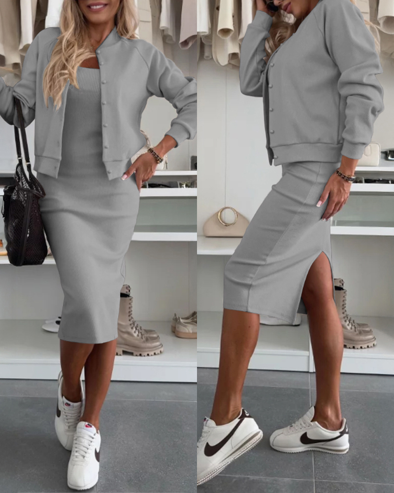 2 Pieces Outfit Square Neck Sleeveless Slit Back Bodycon Dress and Button Front Baseball Coat Set