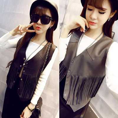 Women's Fashion Short Vest Loose Cardigan Tops Coat Faux Leather Outwear Jacket with Tassels