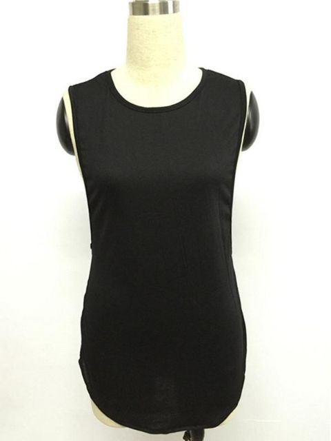 Lady's Black Solid Color Fashion Sleeveless Irregular Hem Casual Crew Neck Side Split Dress