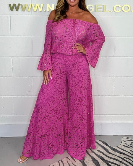 Lace Off the Shoulder Bell Sleeve Top and Casual Wide Leg Flared Pants Set