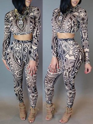 Women's Vintage Print Suit Set Long Sleeve Top T-shirt Vest Crop Top+Full Pants