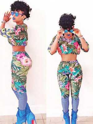 Fashion Women's Digital Floral Print Slim Suit Half Sleeve Top Shirt Long Skinny Mid Waist Pants