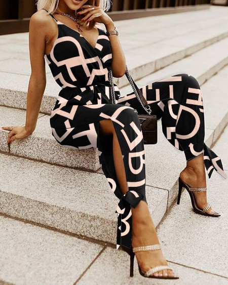 Letter Print V-Neck Split Knot Hem Cami Jumpsuit