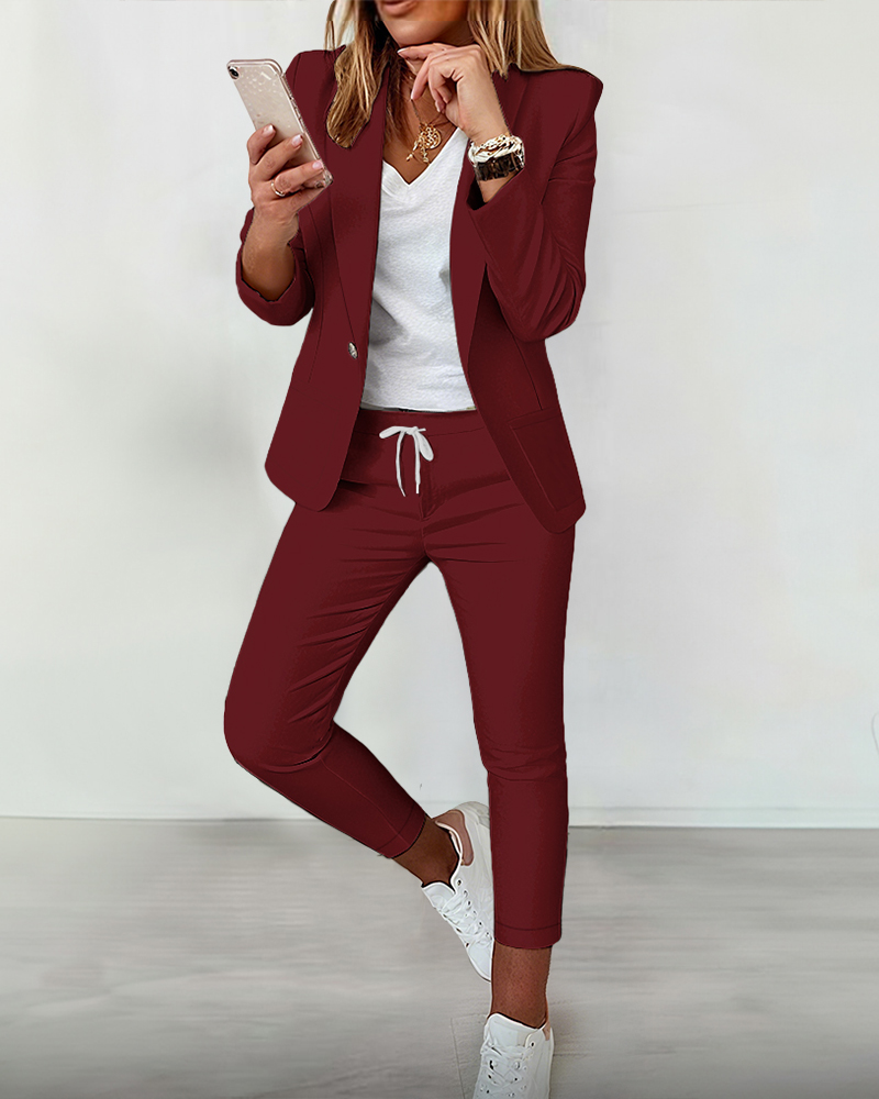 2 Piece Lapel Neck Blazer Coat & Drawstring Pants Set