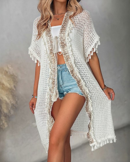 Boho Tassel Decor Tie Front Hollow-out Breathable Coat Casual Contrast Embroidery Paneled Mid-length Cover Up