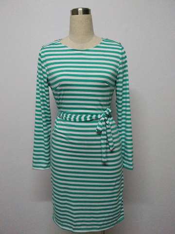 Lady's Fall Fashion Long Sleeve Stripe Casual Crew Neck Loose Waist Side Split Dress