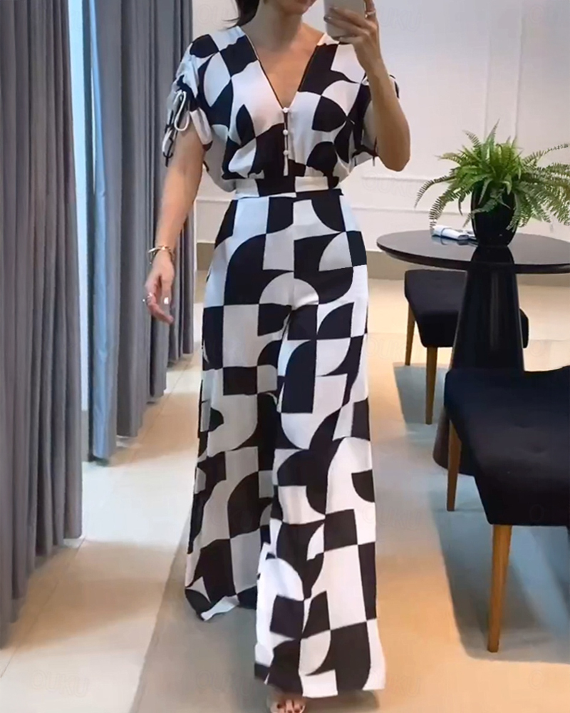 Geometric Print V-Neck Drawstring Short Sleeve Button Front Overalls Casual High Waist Zipper Back Wide Leg Jumpsuit