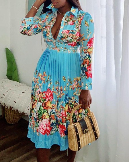 Floral Print Button Front Gathered Waist Pleated Dress