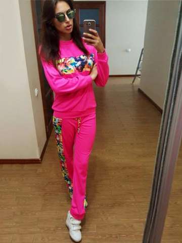 Floral Stitching Sports Suit Sets Long Sleeve Jogger Tops Sweatshirt Pullover+ Sweatpants Pants