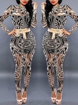 Women's Sexy Vintage Printing Clubwear Tight Jumpsuit Long Sleeve Playsuit Full Pants