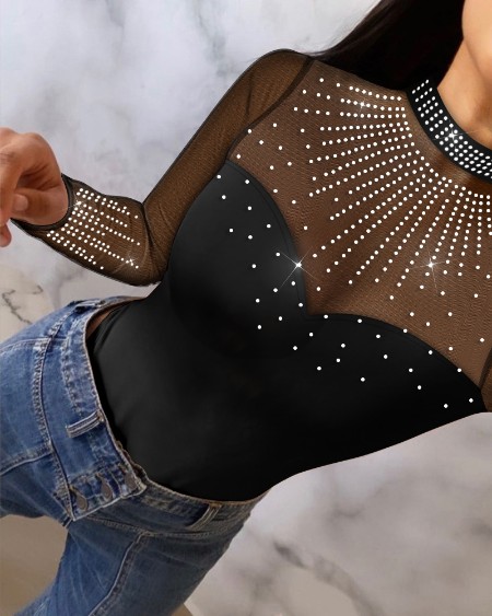 Rhinestone Decor Mock Neck Long Sleeve Sheer Mesh Spliced Bodysuit Slim Fit Hollow-out Back Bodysuit