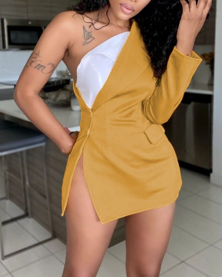 Colorblock One Shoulder Button Slit Shirt Dress