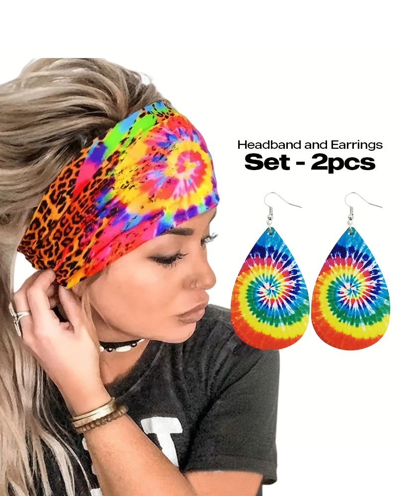 2PCS Ombre Print Wide Elastic Workout Headband with Earrings Set