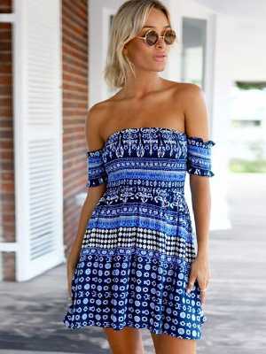 Women's Sexy Bandeau Drawstring Dress Fashion Printing Beach Dress