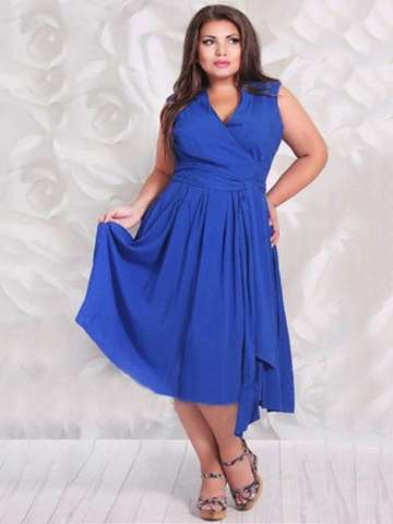 Women's Plus Size Casual Dress Elegant Pleated Blue Evening Dress Sexy V Neck Sleeveless Dress